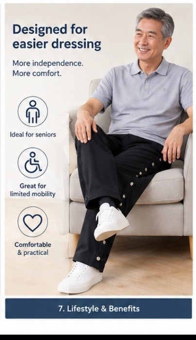 Adaptive Pull-On Pants with Side Snap Closures and Elastic Waist for Seniors