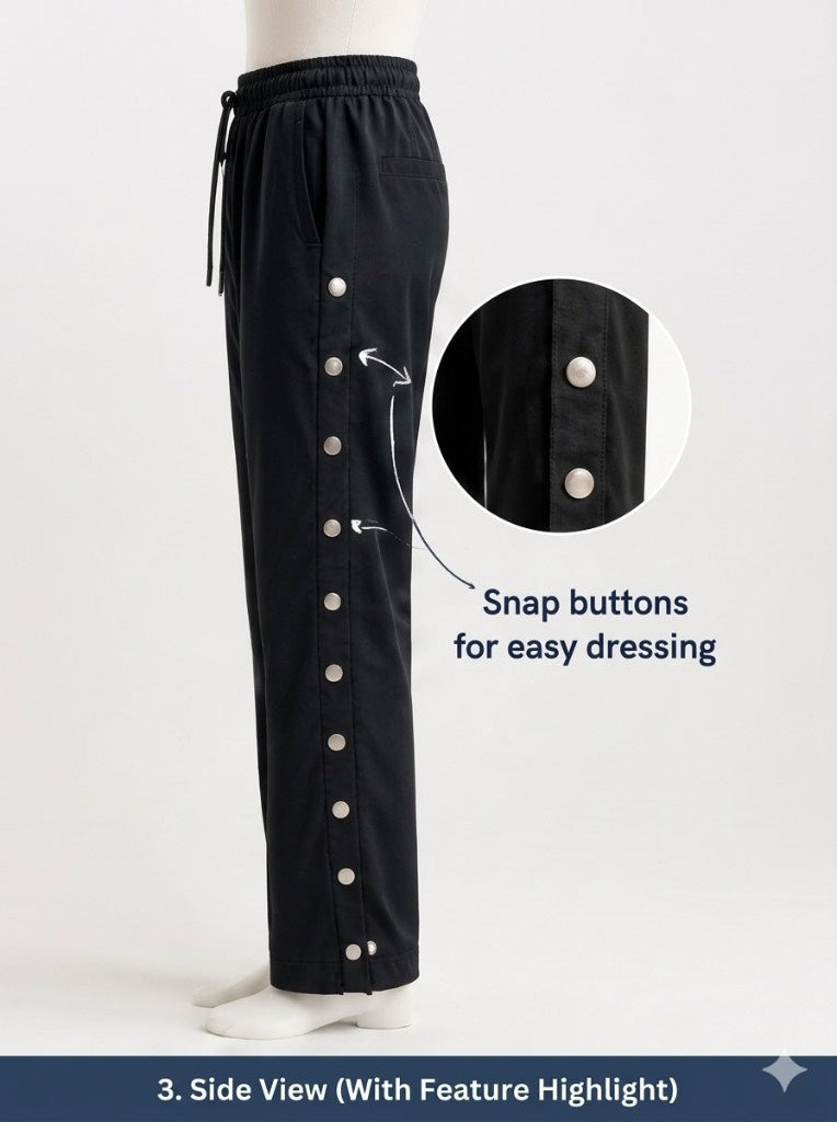 Adaptive Pull-On Pants with Side Snap Closures and Elastic Waist for Seniors
